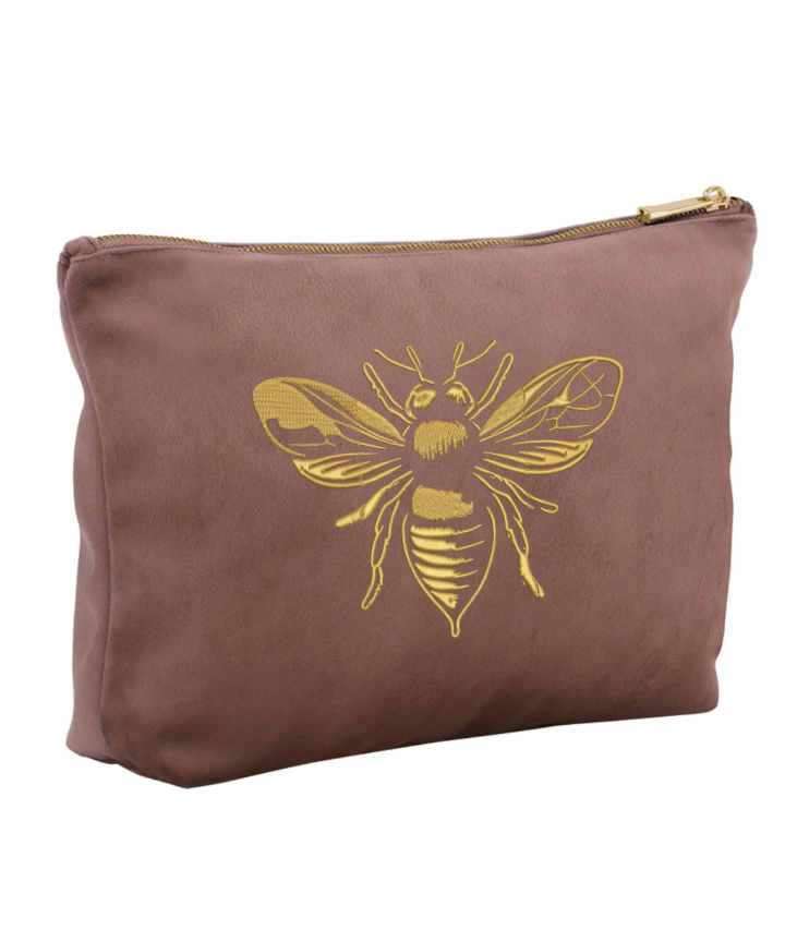 Gold Honey Bee Embroidered Velvet Makeup Bag (Small)